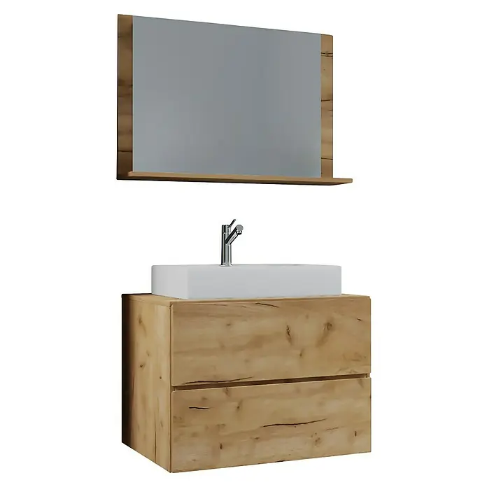 VCM Lendas Badmöbel-Set - 60 cm, Honig-Eiche - Moderner Waschtisch mit Holzunterschrank, einem Aufsatzwaschbecken und einem Spiegel mit Holzrahmen für ein stilvolles Badezimmerambiente.