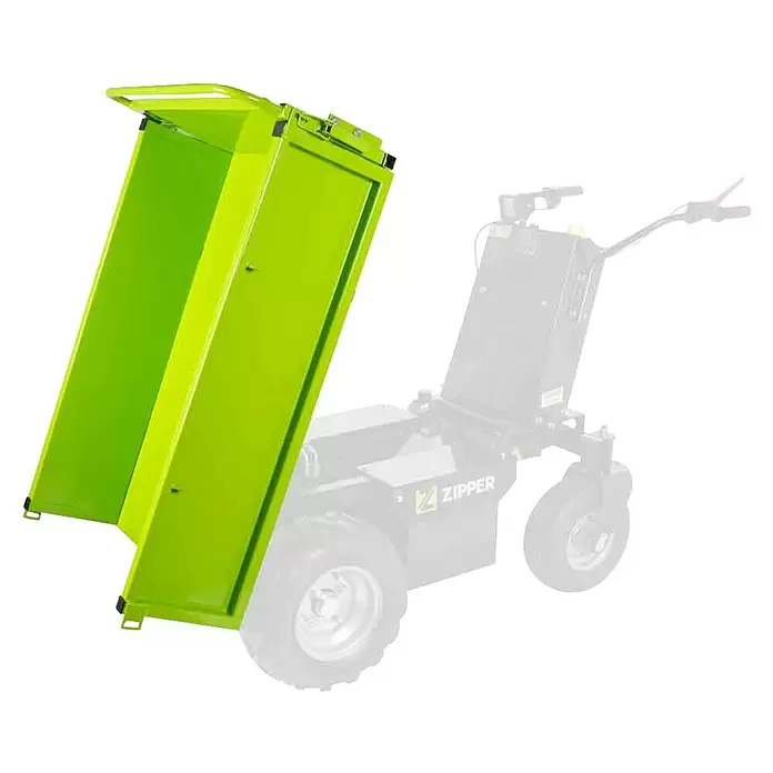 Zipper Flachwanne - Passend für: Zipper Raddumper ZI-ED500 - Hellgrüner Metall-Kippbehälter eines Motorkippers, zum Entladen gekippt, mit teilweise sichtbarem Kipperfahrgestell.