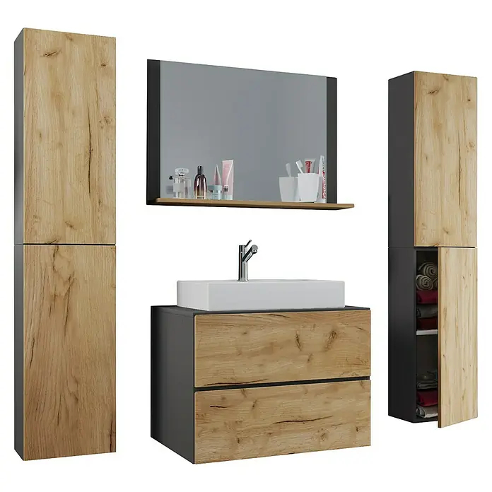 VCM Lendas Badmöbel-Set - 147 cm, Anthrazit/Honig-Eiche - Modernes Badezimmer-Set mit Waschtischunterschrank, Aufsatzwaschbecken, Spiegelschrank und zwei Hochschränken in Holzoptik und Anthrazit.