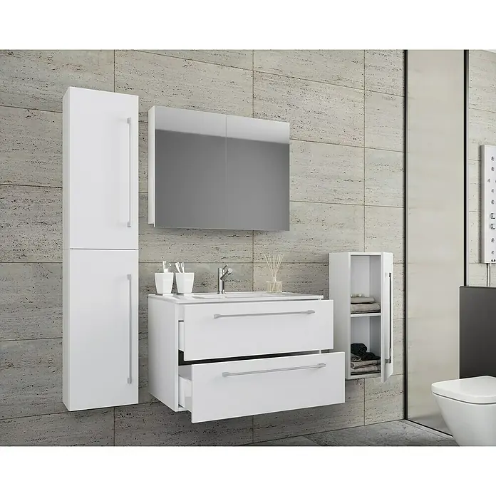 VCM Badinos Badmöbel-Set SPS - 146 cm, Weiß - Ein elegantes Badezimmer-Ensemble in Weiß mit Waschtischunterschrank, Spiegelschrank und Hochschrank, das modernen Stil und Funktionalität vereint.