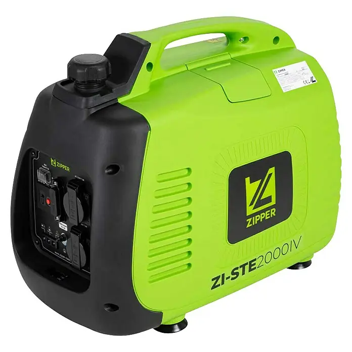 Zipper Stromerzeuger ZI-STE2000IV - 2,2 kW, Tankvolumen: 3,5 l - Das Bild zeigt einen Zipper ZI-STE2000IV Stromgenerator in Grün und Schwarz, ideal für den mobilen Einsatz.