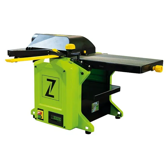 Zipper Hobelmaschine ZI-HB305 - Motorleistung: 1.800 W - Ein grüner Dickenhobel von ZIPPER steht auf einer Werkbank, bereit für präzise Holzarbeiten. Ideal für Profis und Heimwerker.
