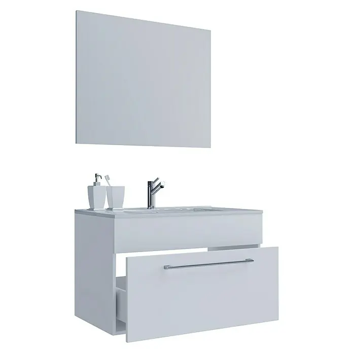 VCM Badinos Badmöbel-Set S1 - 80 cm, Weiß, 3 -tlg. - Weißer Waschtisch mit offenem Schublade und Spiegel. Das schlichte Design fügt sich nahtlos in moderne Badezimmer ein und bietet Stauraum.