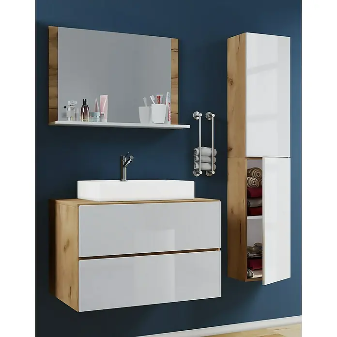 VCM Lendas Badmöbel-Set94 cm, Honig-Eiche/Weiß - Modernes Badezimmer-Set mit Waschbeckenunterschrank, Spiegel und Hochschrank in Holz- und Weißtönen.