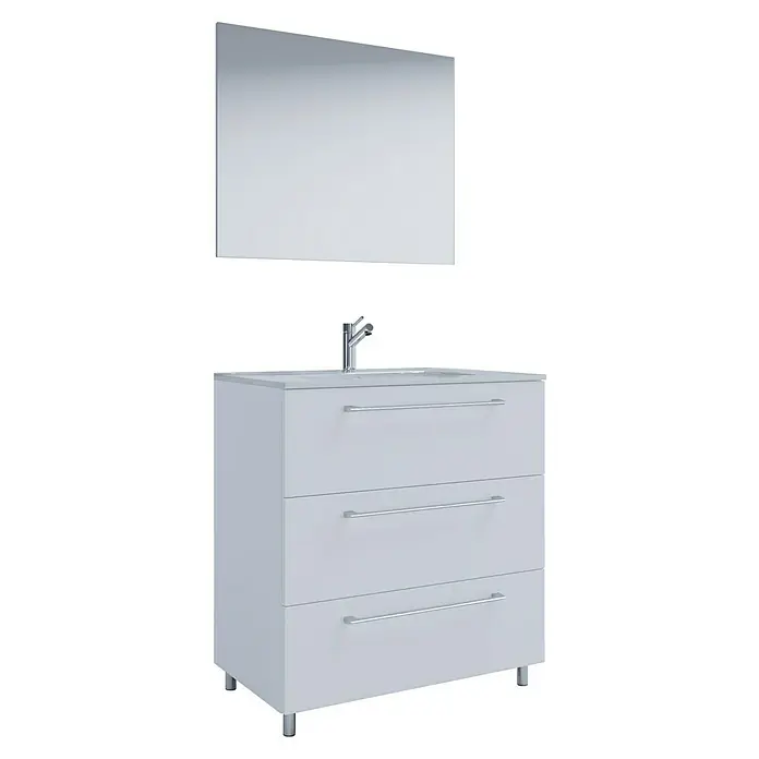 VCM Badinos Badmöbel-Set - 60 cm, Weiß, Farbe Waschbecken: Weiß - Weißer Waschtischunterschrank mit drei Schubladen und einem Spiegel.