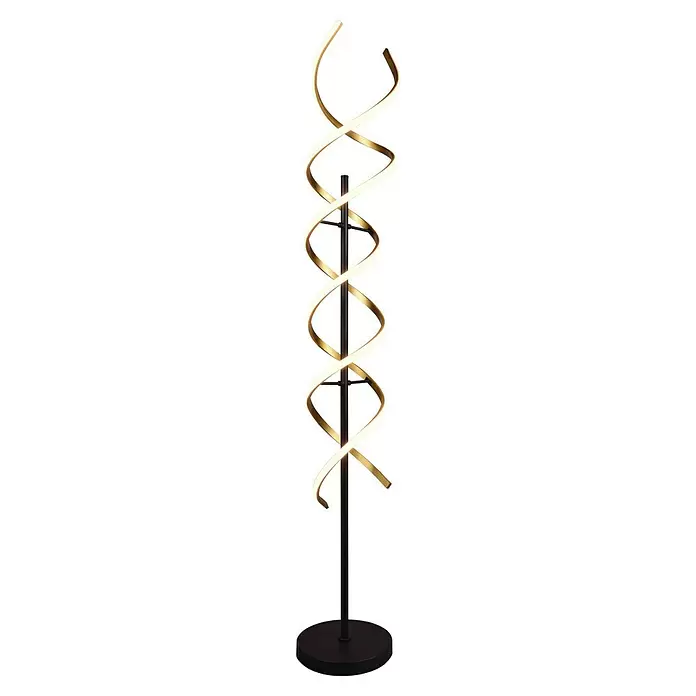 Trio Leuchten Sequence Stehleuchte - 32 W, Höhe: 150 cm, Messing matt/Schwarz, Mehrfarbig - Moderne Stehlampe mit schwarzem Mittelpfosten und goldenem, beleuchtetem Spiraldesign.