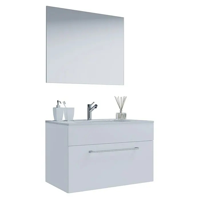 VCM Badinos Badmöbel-Set S1 - 80 cm, Weiß, 3 -tlg. - Weißer Waschtisch mit Schublade, Armatur, Spiegel und Badezimmeraccessoires. Moderner Stil für ein elegantes Badezimmer.