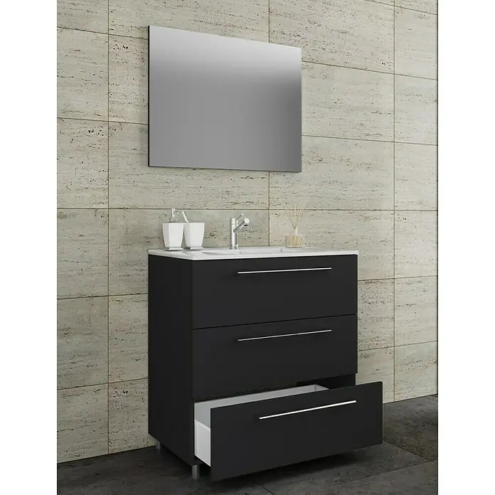 VCM Badinos Badmöbel-Set - 80 cm, Schwarz, Farbe Waschbecken: Weiß - Modernes Badezimmer-Waschbeckenmöbel mit offenen Schubladen und einem darüber hängenden Spiegel.