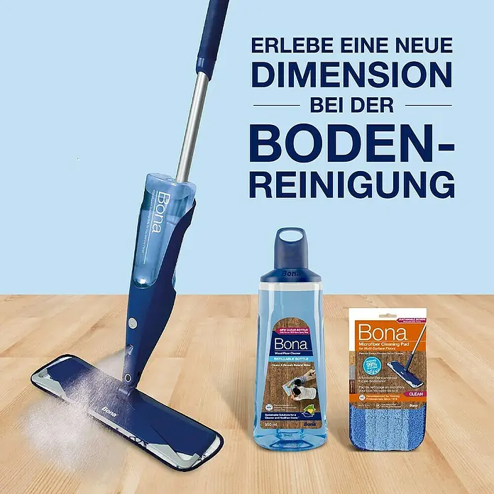 Bona Parkettreiniger - 850 ml, Kartusche - Bona Bodenreinigungsset mit Sprühmopp, Reiniger und Mikrofaserpad. Für eine neue Dimension der Bodenreinigung.