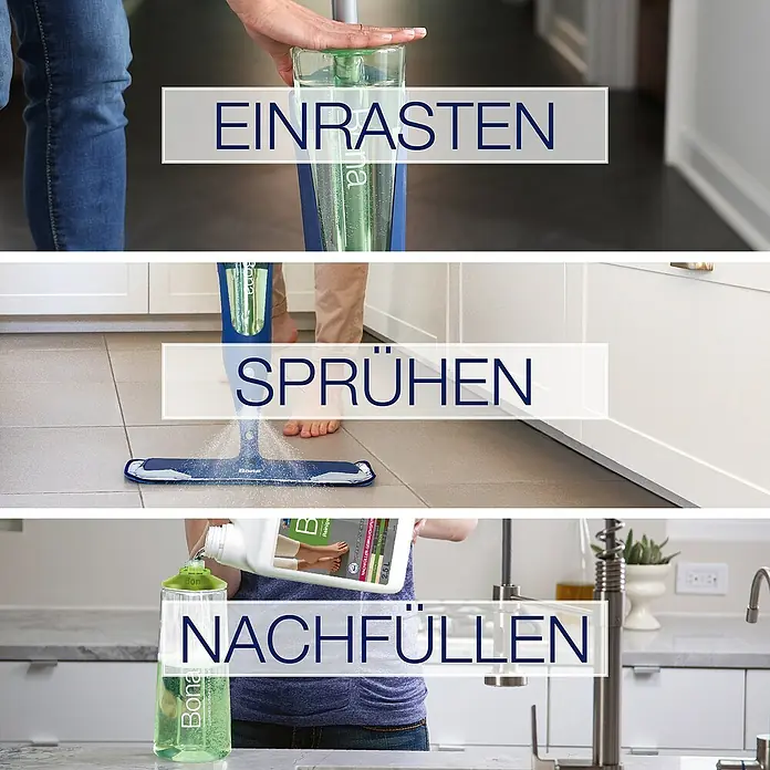 Bona Fliesen- & Laminatreiniger für Hartböden - 850 ml, Kartusche - Die drei Schritte zur Bodenreinigung: Einrasten, Sprühen, Nachfüllen des Bona Sprühmopps.