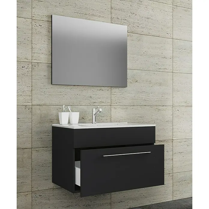 VCM Badinos Badmöbel-Set S1 - 60 cm, Schwarz, 3 -tlg. - Modernes Badezimmer-Waschbecken mit schwarzem Unterschrank und Spiegel an einer beigen Wand.