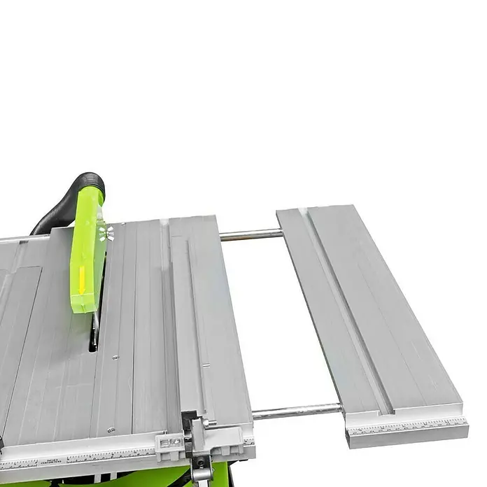 Zipper Tischkreissäge ZI-FKS250 - 2.200 W, Durchmesser Sägeblatt: 250 mm, Schnitttiefe bei 90 °: 74 mm - Tischkreissäge mit grünem Schutz und silberner Arbeitsfläche zur Holzbearbeitung für präzise Schnitte.