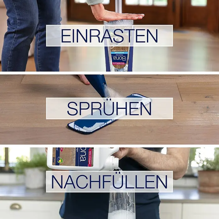 Bona Parkettreiniger - 850 ml, Kartusche - Schritte zur Verwendung des Bona-Reinigungssystems: Einrasten des Pads, Aufsprühen der Lösung und Nachfüllen des Behälters.