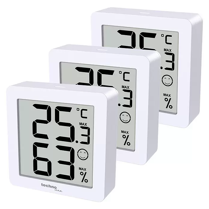 Technoline Digitales Thermo-Hygrometer 3er Set WS9425 - Batteriebetrieben, Weiß, 44 x 44 x 15 mm - Drei weiße digitale Hygrometer-Thermometer, die Temperatur, Luftfeuchtigkeit und Komfortstufe auf ihren Anzeigen zeigen.