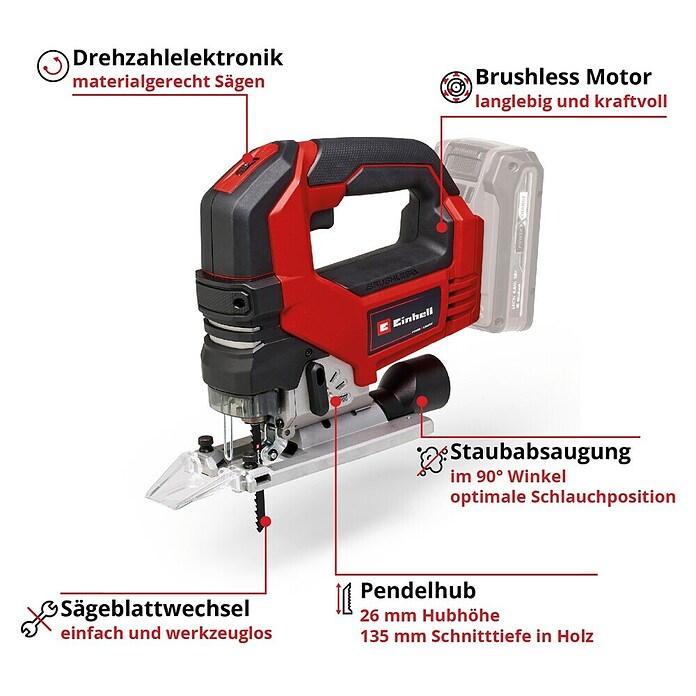 Einhell Power X-Change 18V Akku-Pendelhubstichsäge TP-JS 18/135 Li BL - Solo (18 V, Ohne Akku, 0 Hübe/min - 3.500 Hübe/min) | BAUHAUS