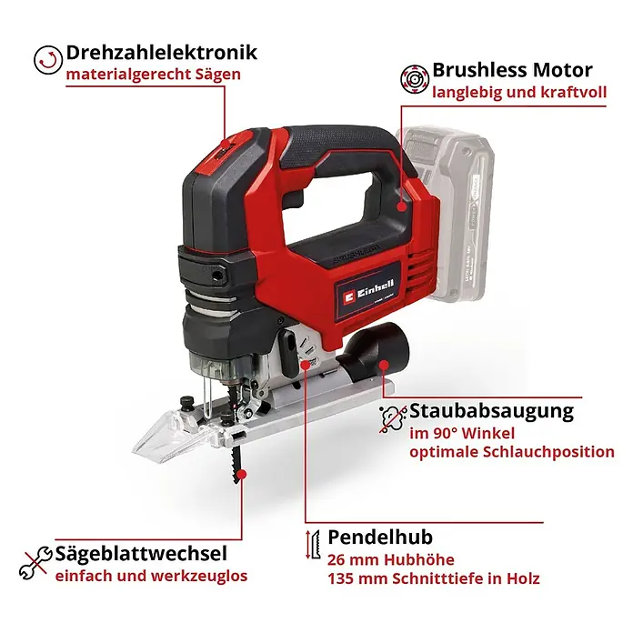 Einhell Professional Power X-Change 18V Akku-Pendelhubstichsäge TP-JS 18/135 Li BL - Solo - 18 V, Anzahl Akkus: Ohne Akku, 3.500 /min - Akku-Stichsäge mit Drehzahlelektronik, bürstenlosem Motor, Staubabsaugung, Pendelhub und werkzeuglosem Sägeblattwechsel für präzise Schnitte.