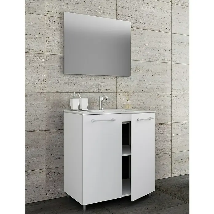 VCM Badinos Badmöbel-Set T280 cm, Weiß, 3 -tlg. - Modernes Badezimmerwaschbecken mit Unterschrank und Spiegel, ideal für stilvolle Badgestaltung und praktische Aufbewahrung im Badezimmer.