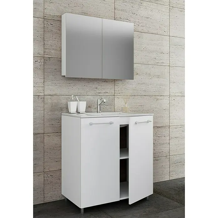 VCM Badinos Badmöbel-Set SPS - 60 cm, Weiß, Farbe Waschbecken: Weiß, Glänzend - Badezimmermöbel mit Waschbecken und Spiegelschrank in modernem Design für ein stilvolles Badezimmer.