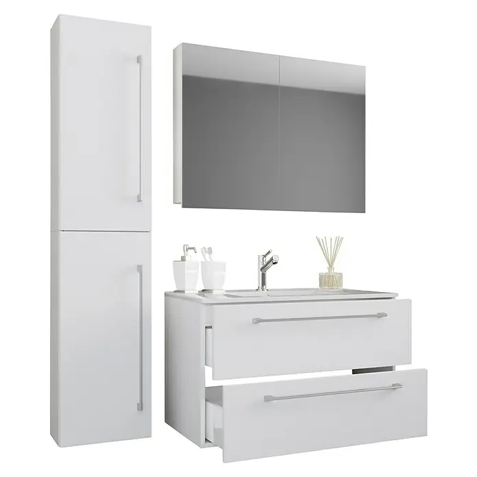 VCM Badinos Badmöbel-Set SPS - 61 cm, Weiß - Ein modernes Badezimmerset in Weiß mit Waschtisch, Spiegel und Hochschrank. Elegantes Design für stilvolle Badezimmergestaltung.