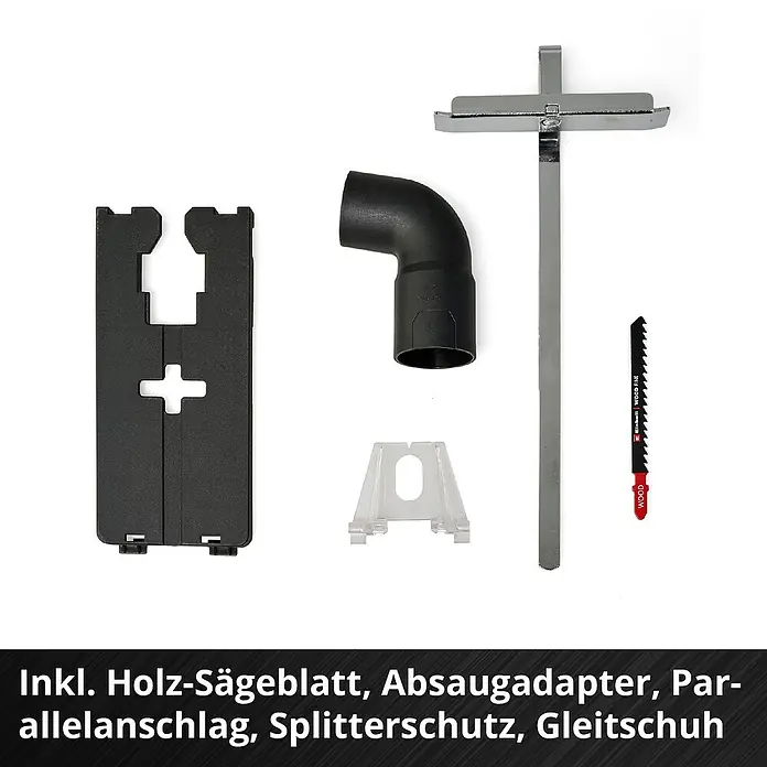 Einhell Professional Power X-Change 18V Akku-Pendelhubstichsäge TP-JS 18/135 Li BL - Solo - 18 V, Anzahl Akkus: Ohne Akku, 3.500 /min - Produktbild mit Holzsägeblatt, Absaugadapter, Parallelanschlag, Splitterschutz und Gleitschuh für präzise Holzarbeiten.