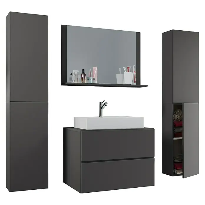 VCM Lendas Badmöbel-Set - 127 cm, Anthrazit - Badezimmer-Set mit Waschbecken, Spiegel und Schränken in modernem Design. Die grauen Möbel sind stilvoll und funktional.