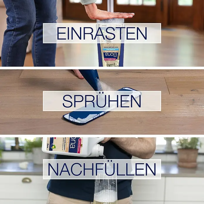 Bona Bodenreiniger Reiniger für geölte Böden - 850 ml, Kartusche - Bona Reinigungssystem im Einsatz: Einrasten des Reinigers, Sprühen auf den Boden und Nachfüllen des Behälters.