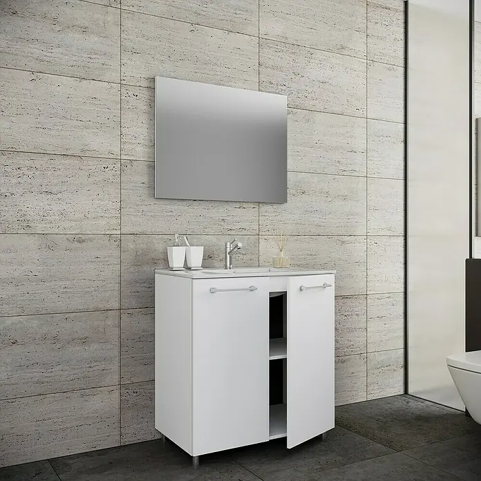 VCM Badinos Badmöbel-Set T2 - 60 cm, Weiß, 3 -tlg. - Weißer Badezimmerschrank mit Waschbecken und Spiegel vor einer hellen, strukturierten Wand für ein modernes Badambiente.