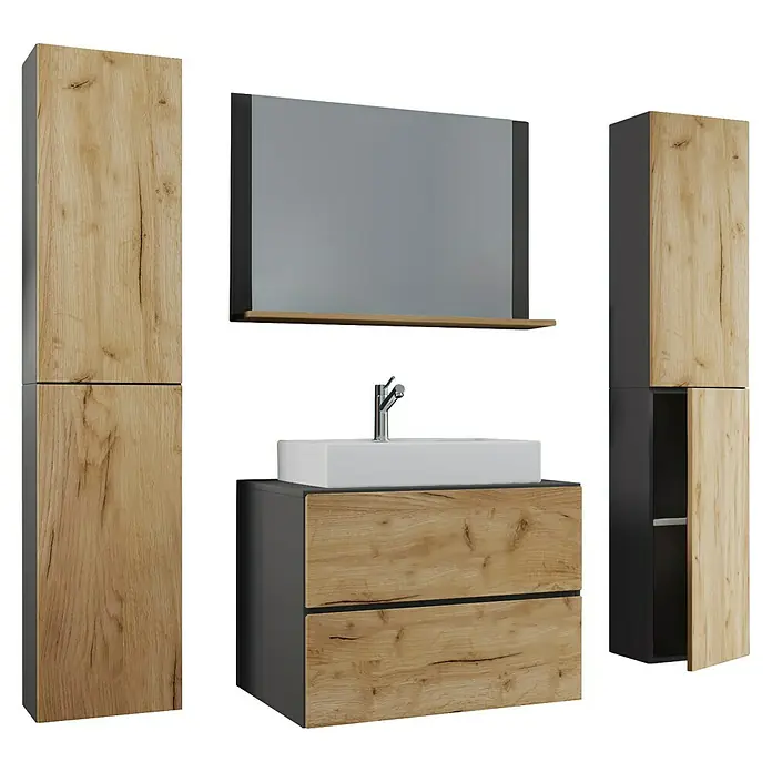 VCM Lendas Badmöbel-Set - 147 cm, Anthrazit/Honig-Eiche - Moderne Badezimmereinrichtung mit Waschbeckenunterschrank, Spiegel und Hochschränken in Holzoptik und Grau.