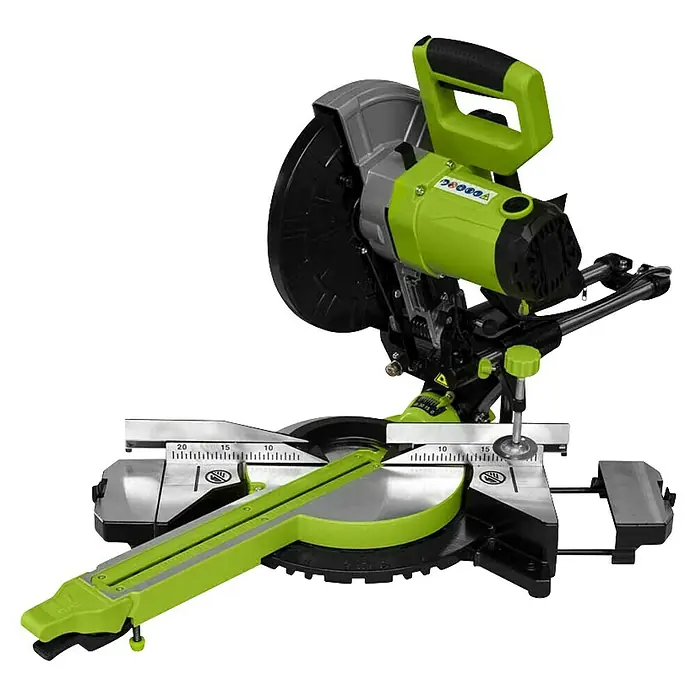 Zipper Kapp- & Gehrungssäge ZI-KGS255DS - 2.000 W, Durchmesser Sägeblatt: 255 mm - Eine grüne und graue Kapp- und Gehrungssäge, ein leistungsstarkes Werkzeug für präzise Holzschnitte in der Werkstatt.