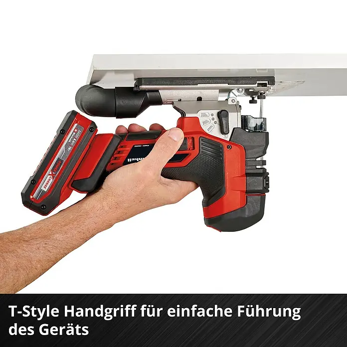 Einhell Professional Power X-Change 18V Akku-Pendelhubstichsäge TP-JST 18/135 Li BL - Solo - 18 V, Li-Ionen, Ohne Akku - Akku-betriebene Stichsäge von Einhell in der Hand mit T-Griff für einfache Führung beim Schneiden von Werkstücken.