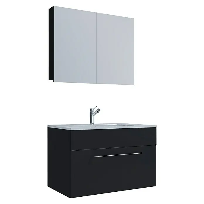 VCM Badinos Badmöbel-Set SPS - 60 cm, Schwarz - Badezimmermöbel mit schwarzem Waschtischunterschrank, Waschbecken und Spiegelschrank mit hellen Fronten für ein modernes Bad.