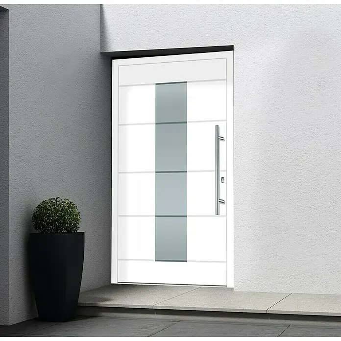 Solid Elements Haustür KA-305 - 110 x 210 cm, DIN Anschlag: Rechts - Moderne Haustür in Weiß mit senkrechtem Glasstreifen und Edelstahlgriff, die einladend und stilvoll wirkt.