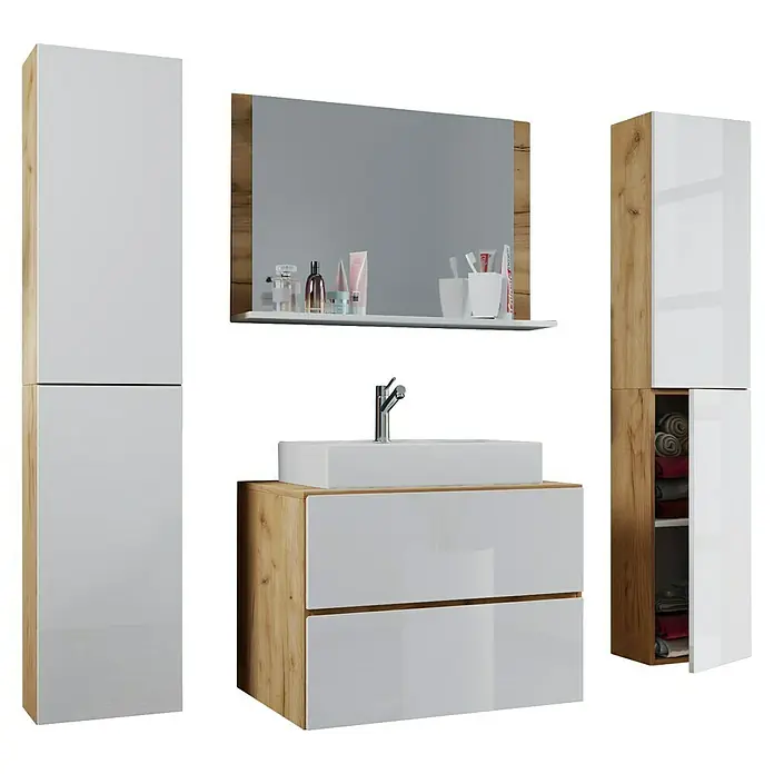 VCM Lendas Badmöbel-Set - 147 cm, Honig-Eiche/Weiß - Modernes Badezimmer-Set mit Waschtisch, Spiegel und Hochschränken in Holz- und Weißtönen. Stilvolles Design für ein elegantes Badezimmer.