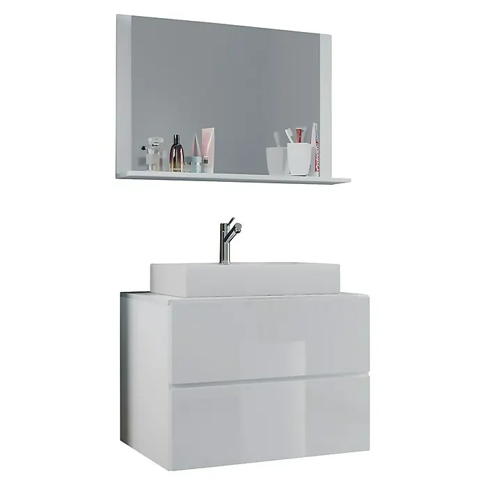 VCM Lendas Badmöbel-Set - 80 cm, Weiß - Moderne Badezimmereinrichtung mit weißem Waschtischunterschrank, Aufsatzwaschbecken und Spiegelregal.
