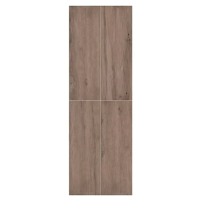 Terrassenfliese Timbertwo - 40 x 120 x 2 cm, Marone/Braun, Matt - Nahaufnahme von vier hellbraunen, holzähnlichen Bodenfliesen, die eine warme und natürliche Optik für Innenräume bieten.