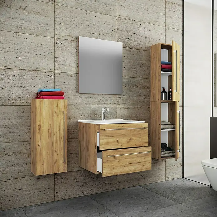 VCM Badinos Badmöbel-Set - 60 cm, Honig-Eiche, 5 -tlg. - Ein modernes Badezimmer-Set mit einem Waschtischunterschrank mit offenen Schubladen, einem Spiegelschrank und einem Hochschrank in Holzoptik.