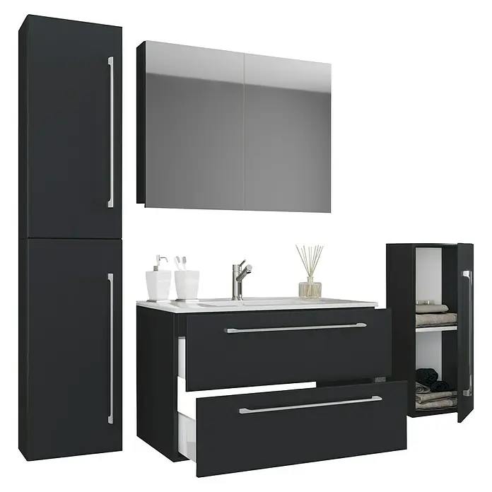 VCM Badinos Badmöbel-Set SPS - 146 cm, Schwarz - Eine moderne Badezimmerkombination in dunklen Farbtönen, inklusive Waschbeckenunterschrank, Spiegelschrank und Hochschrank.