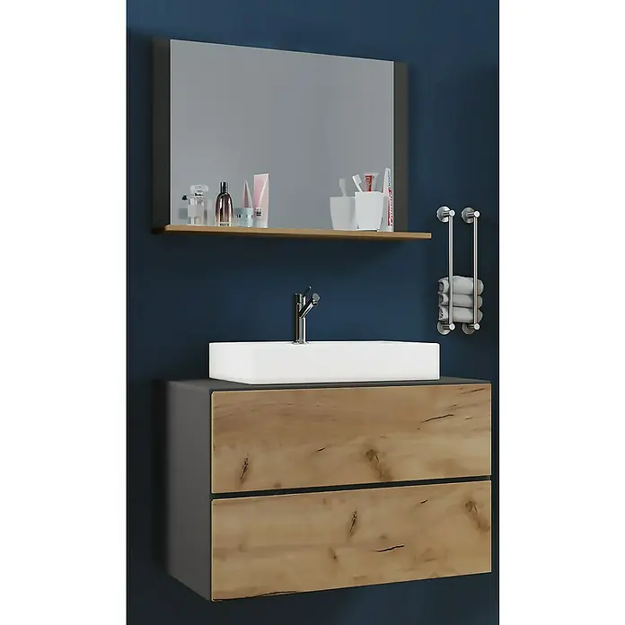 VCM Lendas Badmöbel-Set60 cm, Anthrazit/Honig-Eiche - Modernes Badezimmer mit Waschbeckenunterschrank in Holzoptik und einem großen Spiegel mit Ablage.