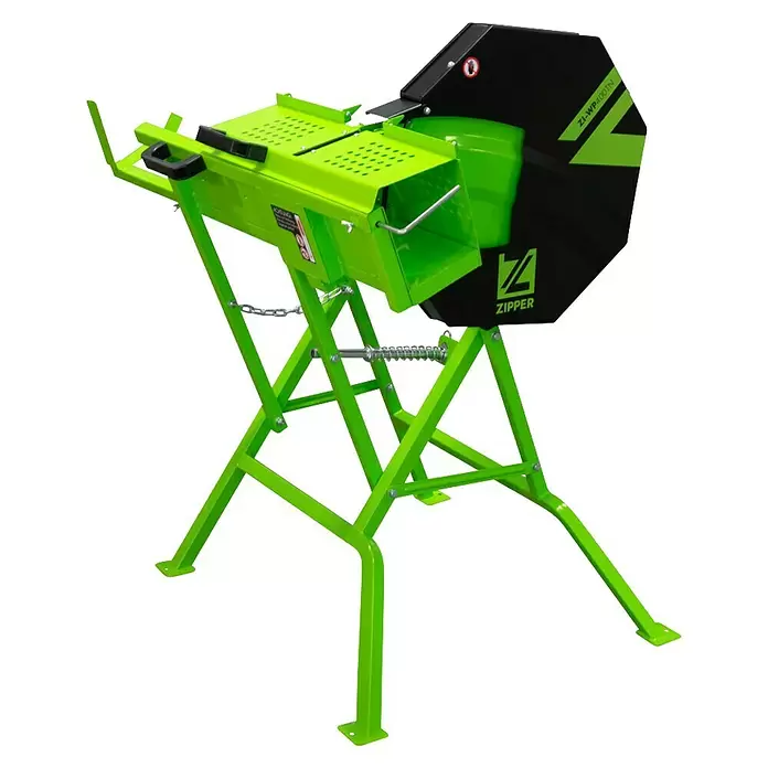 Zipper Wippkreissäge ZI-WP400TN - Durchmesser Sägeblatt: 405 mm - Grüne und schwarze Wippkreissäge auf passendem grünem Untergestell zur Holzbearbeitung.