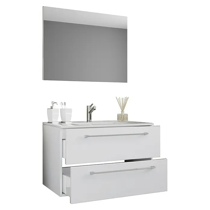 VCM Badinos Badmöbel-Set - 60 cm, Weiß, 3 -tlg. - Das Bild zeigt einen modernen, weißen Waschtisch mit zwei Schubladen und einem großen Spiegel darüber, ideal für ein stilvolles Badezimmer.
