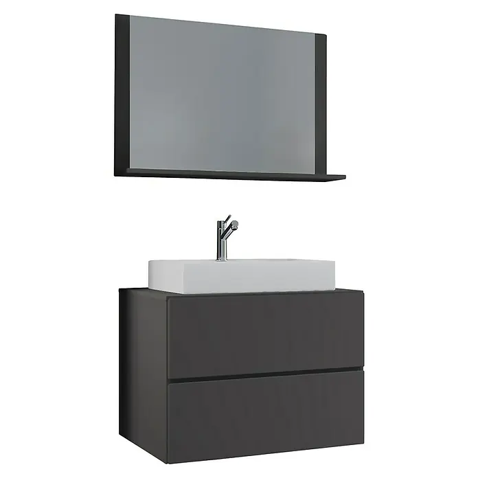 VCM Lendas Badmöbel-Set - 80 cm, Anthrazit - Ein modernes Badezimmer-Waschbecken mit Unterschrank und Spiegel, das durch sein schlichtes Design besticht und viel Stauraum bietet.