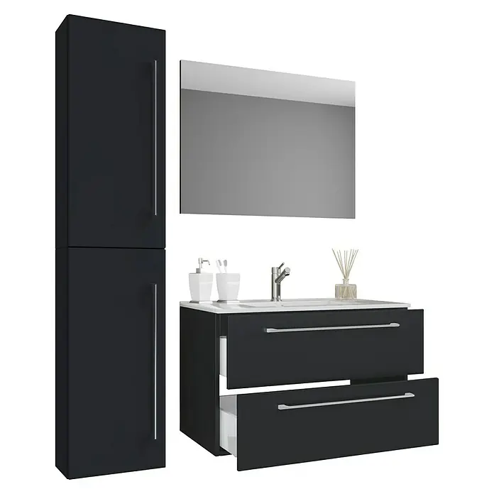 VCM Badinos Badmöbel-Set - 81 cm, Schwarz, 4 -tlg. - Modernes Badezimmer-Set in Schwarz mit Waschtischunterschrank, Spiegelschrank und Hochschrank für ein stilvolles Ambiente.