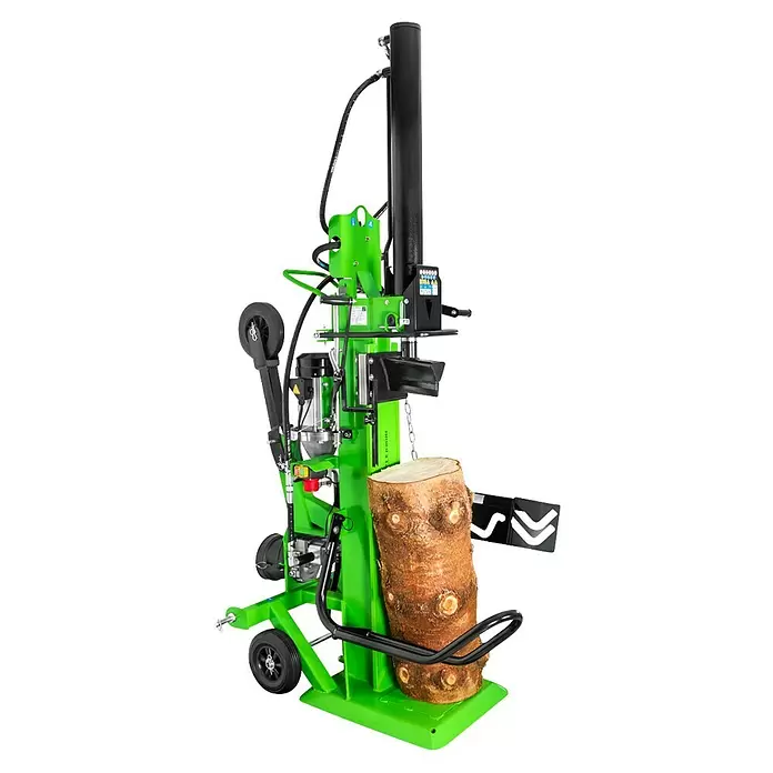 Zipper Holzspalter ZI-HS22EZ - 22 t, Max. Spaltgutlänge: 1.100 mm - Ein hellgrüner und schwarzer vertikaler Holzspalter mit einem eingelegten Holzscheit.