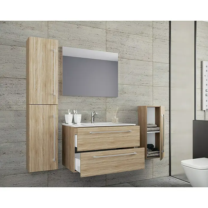 VCM Badinos Badmöbel-Set - 80 cm, Sonoma-Eiche, 5 -tlg. - Modernes Badezimmer-Set mit Waschbeckenunterschrank, Spiegelschrank und Hochschrank in Holzoptik. Praktische Badmöbel für mehr Stauraum.