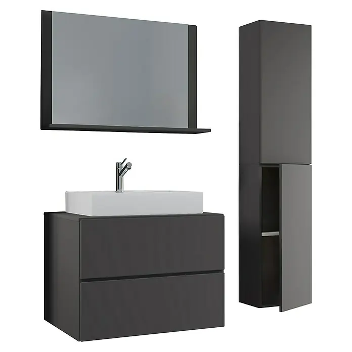 VCM Lendas Badmöbel-Set - 114 cm, Anthrazit - Badezimmerset mit Waschbeckenunterschrank, Aufsatzwaschbecken, Spiegelschrank mit Ablage und Hochschrank in Anthrazit.