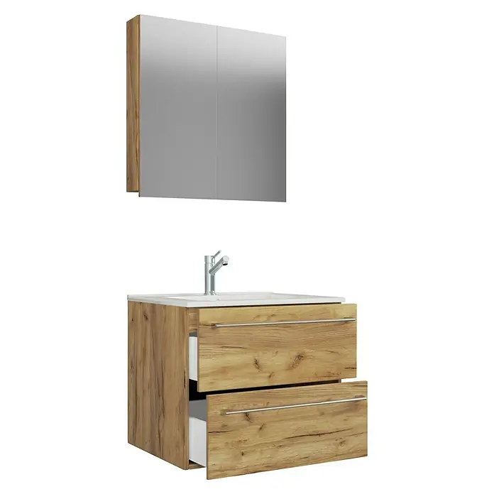 VCM Badinos Badmöbel-Set SPS - 60 cm, Honig-Eiche, 3 -tlg. - Ein Badezimmer-Waschtisch mit zwei Schubladen in Holzoptik und einem Spiegelschrank darüber. Zeitloses Design für Ihr Bad.