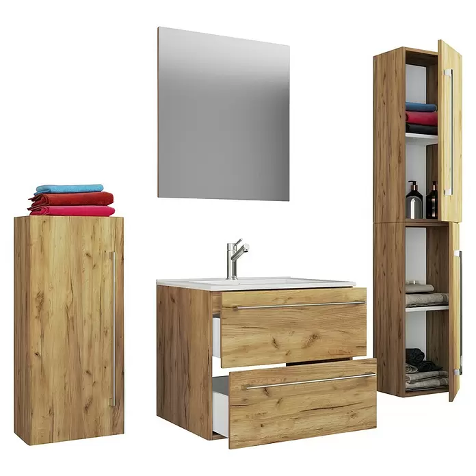VCM Badinos Badmöbel-Set - 60 cm, Honig-Eiche, 5 -tlg. - Badezimmermöbel-Set in heller Holzoptik mit Waschbecken, Spiegel und zwei Aufbewahrungsschränken.