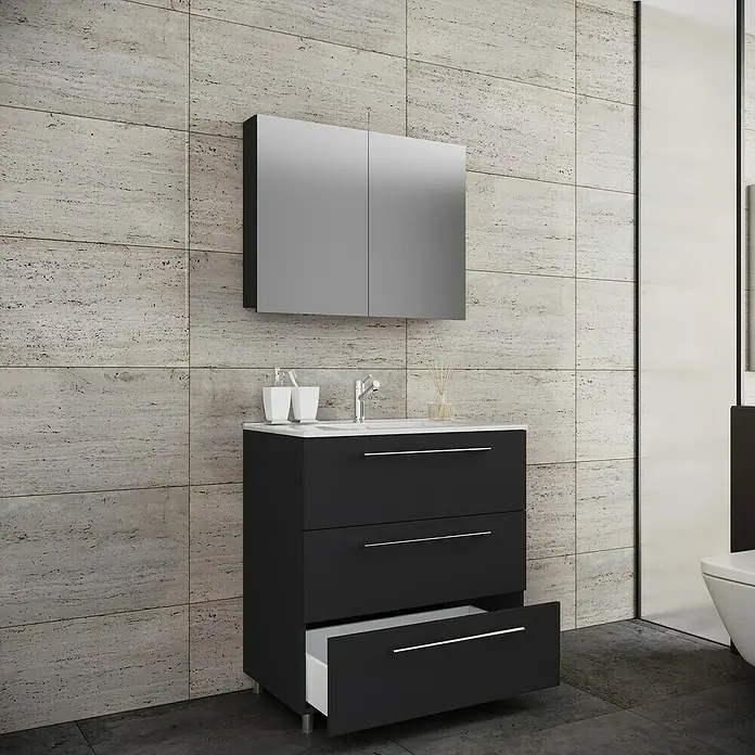 VCM Badinos Badmöbel-Set SPS - 60 cm, Schwarz, Farbe Waschbecken: Weiß - Elegantes Badezimmer mit einem modernen Waschbeckenunterschrank in Schwarz mit Spiegel und offenem Schubfach für zusätzlichen Stauraum.