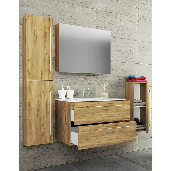 VCM Badinos Badmöbel-Set SPS - 146 cm, Honig-Eiche - Badezimmer-Waschtisch mit Schubladen und passendem Spiegelschrank und Seitenschrank. Das Badmöbel-Set in Holzoptik bietet viel Stauraum.