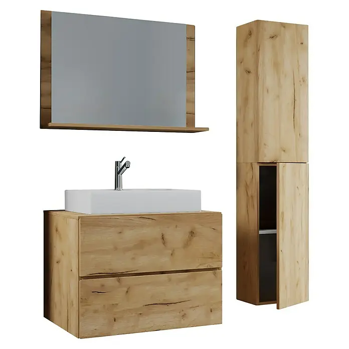 VCM Lendas Badmöbel-Set - 94 cm, Honig-Eiche - Badezimmerset mit Waschtischunterschrank, Waschbecken, Spiegelschrank und Hochschrank in Holzoptik für ein modernes Badambiente.
